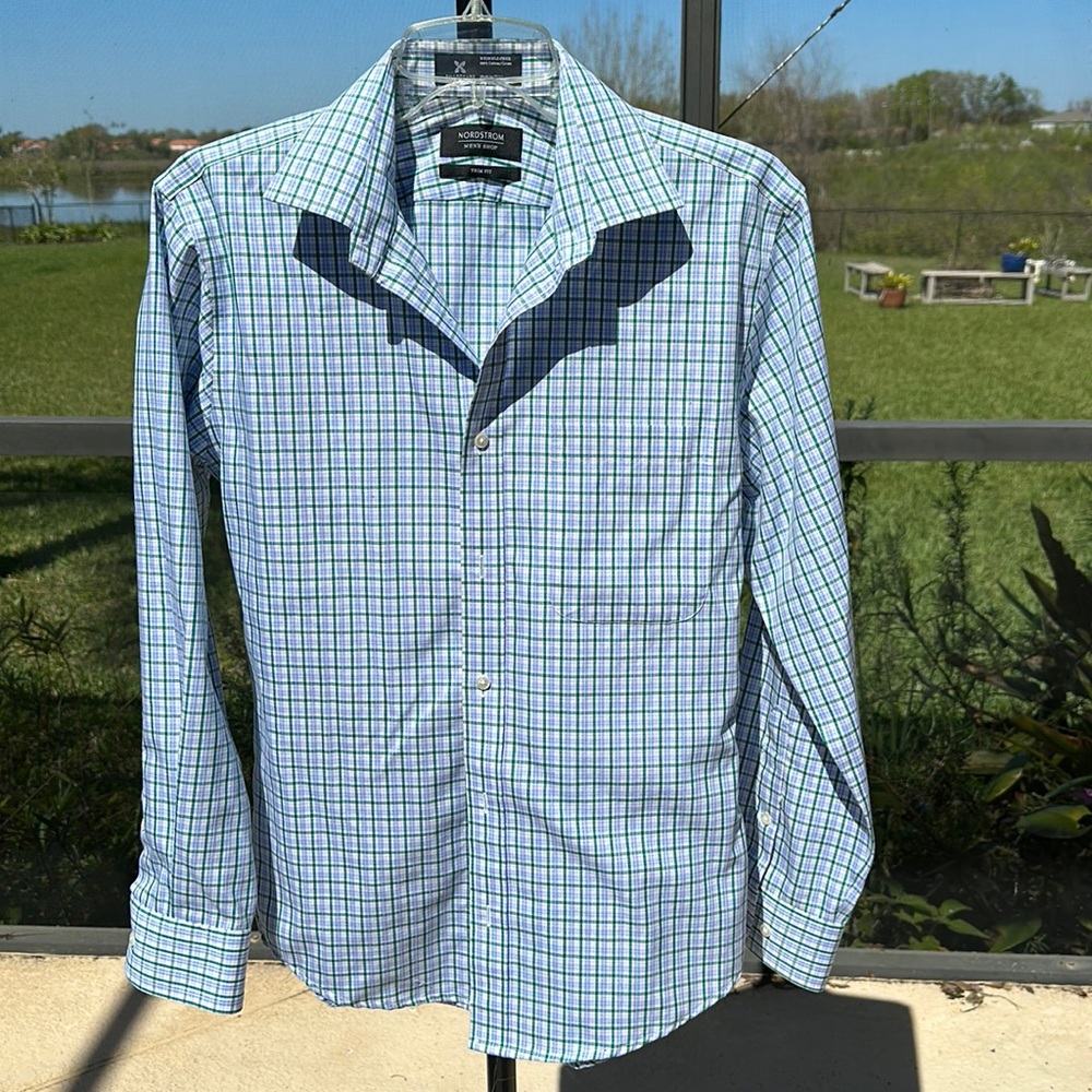 Nordstrom Men's Shop Trim Fit Button Down Shirt Blue Green white Plaid spring